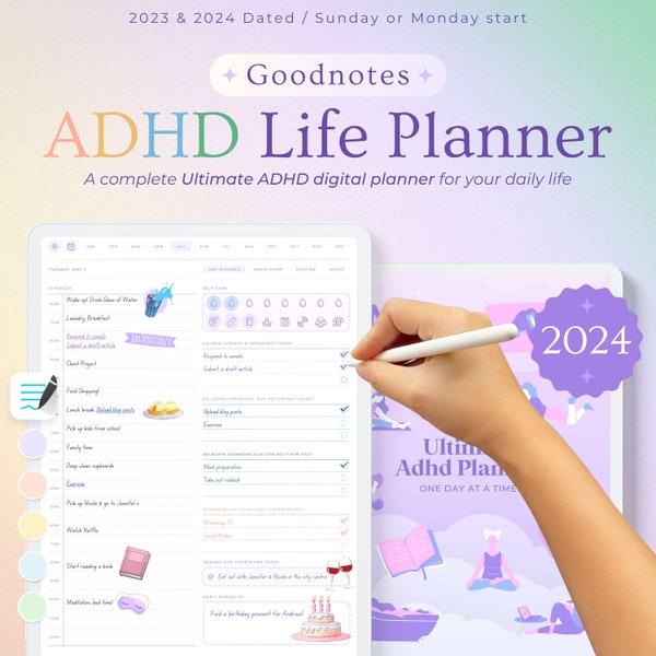 Planificador de TDAH 2024, Planificador digital de TDAH / Planificador de TDAH para adultos, Diario de TDAH, Lista de tareas pendientes de TDAH, iPad Planificador de TDAH, Goodnotes de TDAH