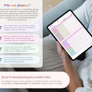 May include: A pink and white digital planner with a grid layout and colorful accents. The planner is designed to help people manage their time, tasks, and priorities. The text on the image reads "Why our planner?" and "The Ultimate ADHD Life Planner".