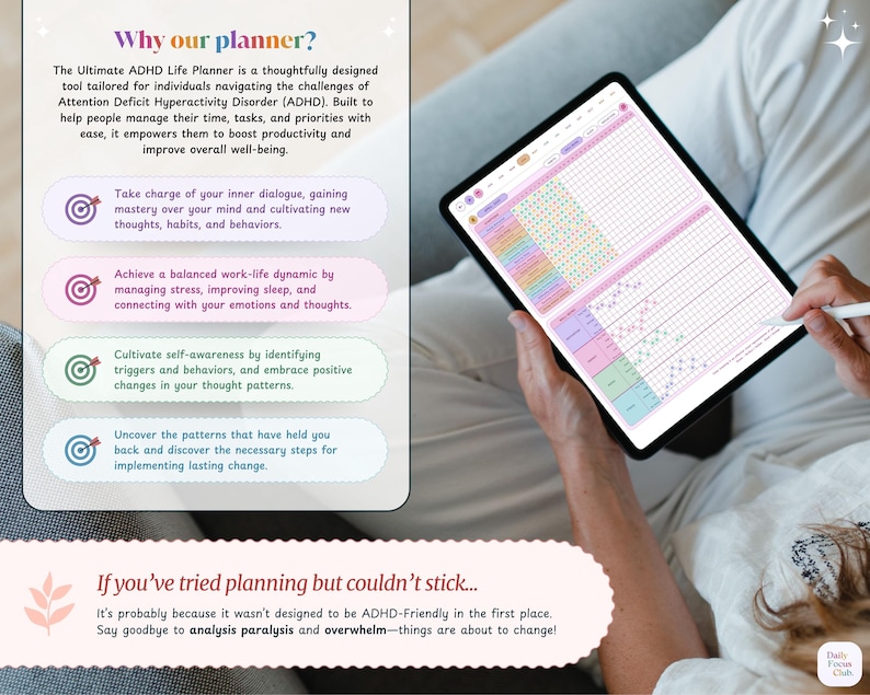 May include: A pink and white digital planner with a grid layout and colorful accents. The planner is designed to help people manage their time, tasks, and priorities. The text on the image reads "Why our planner?" and "The Ultimate ADHD Life Planner".