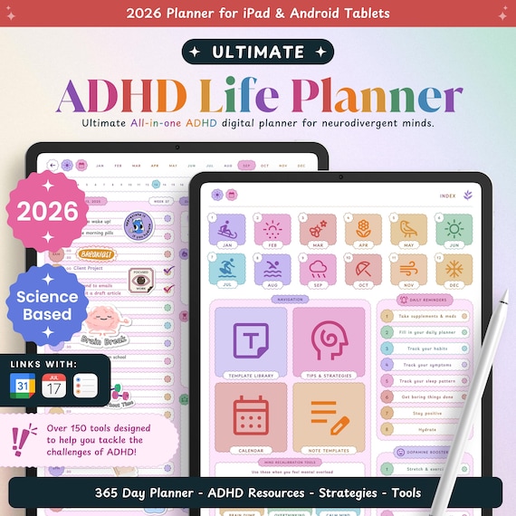 2026 ADHD Digital Planner (Science Based) | Adult ADHD Planner for Productivity, Organization, Focus, Self Care, To do List, for iPad