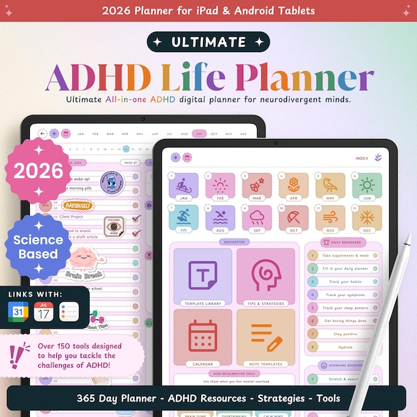 ADHS Digitaler Planer 2026 (wissenschaftlich basiert) | Erwachsene ADHS Planer für Produktivität, Organisation, Fokus, Selbstfürsorge, To do Liste, für iPad
