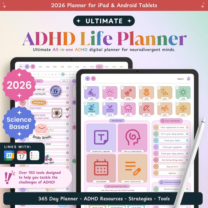 2026 ADHD Digital Planner (Science Based) | Adult ADHD Planner for Productivity, Organization, Focus, Self Care, To do List, for iPad image 1
