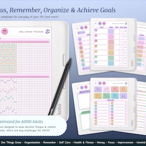 May include: A digital planner with a pink and purple colour scheme. The planner includes templates for well-being tracking, habit tracking, and goal setting. The text "Focus, Remember, Organize & Achieve Goals" is at the top of the image. The text "Optimized for ADHD Adults" is at the bottom of the image.