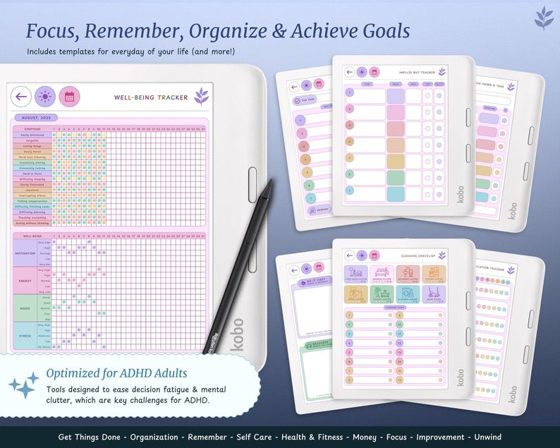 May include: A digital planner with a pink and purple colour scheme. The planner includes templates for well-being tracking, habit tracking, and goal setting. The text "Focus, Remember, Organize & Achieve Goals" is at the top of the image. The text "Optimized for ADHD Adults" is at the bottom of the image.