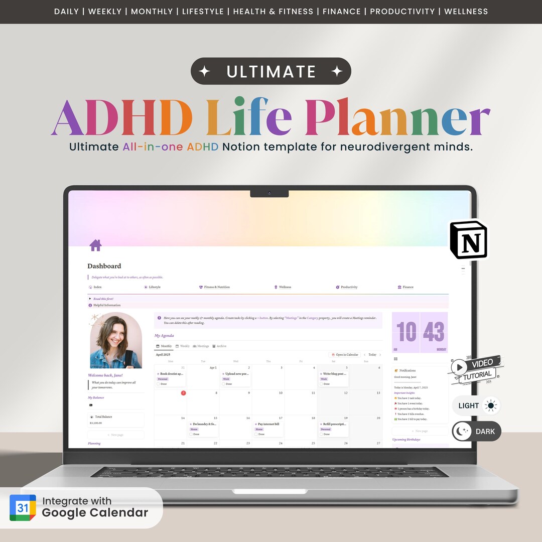 Notion Template ADHD Planner | Notion Dashboard ADHD Digital Planner ...