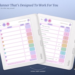 May include: A white e-reader with a pink and purple interface displaying a lifestyle audit planner. The planner includes a list of activities with checkboxes and a section for notes. The e-reader is on a light blue background with a stylus next to it.