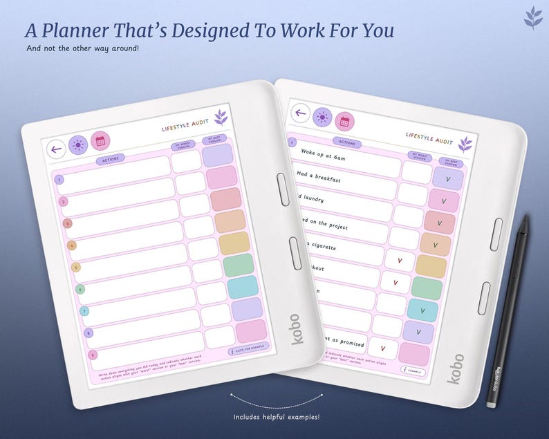May include: A white e-reader with a pink and purple interface displaying a lifestyle audit planner. The planner includes a list of activities with checkboxes and a section for notes. The e-reader is on a light blue background with a stylus next to it.