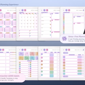 May include: A digital planner with a pink and purple colour scheme. The planner includes a year at a glance, monthly, weekly, and daily pages. The planner also includes a habit tracker, cleaning checklist, and a "brain dump" page. The text "Full Planning Experience" and "Stress-Free Planning" is visible on the planner. The planner is optimised for ADHD adults.