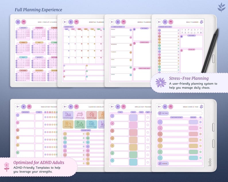 May include: A digital planner with a pink and purple colour scheme. The planner includes a year at a glance, monthly, weekly, and daily pages. The planner also includes a habit tracker, cleaning checklist, and a "brain dump" page. The text "Full Planning Experience" and "Stress-Free Planning" is visible on the planner. The planner is optimised for ADHD adults.