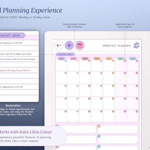 May include: A digital planner app on a tablet screen with a monthly calendar view for August 2026. The calendar has hyperlinked days for easy navigation. The app also includes a daily planner with a list of tasks for August 2025. The app is designed to help users stay organised and manage their time effectively.