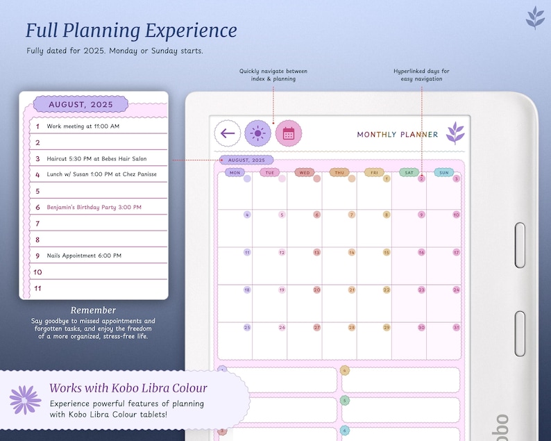 May include: A digital planner app on a tablet screen with a monthly calendar view for August 2026. The calendar has hyperlinked days for easy navigation. The app also includes a daily planner with a list of tasks for August 2025. The app is designed to help users stay organised and manage their time effectively.