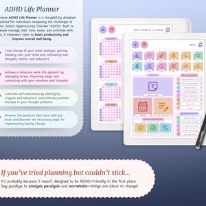 May include: A pink and blue planner with the text "ADHD Life Planner" and "2021 Year at a Glance". The planner is designed to help people manage their time, tasks, and priorities. The planner is open to a page with a calendar and a page with a list of tasks.