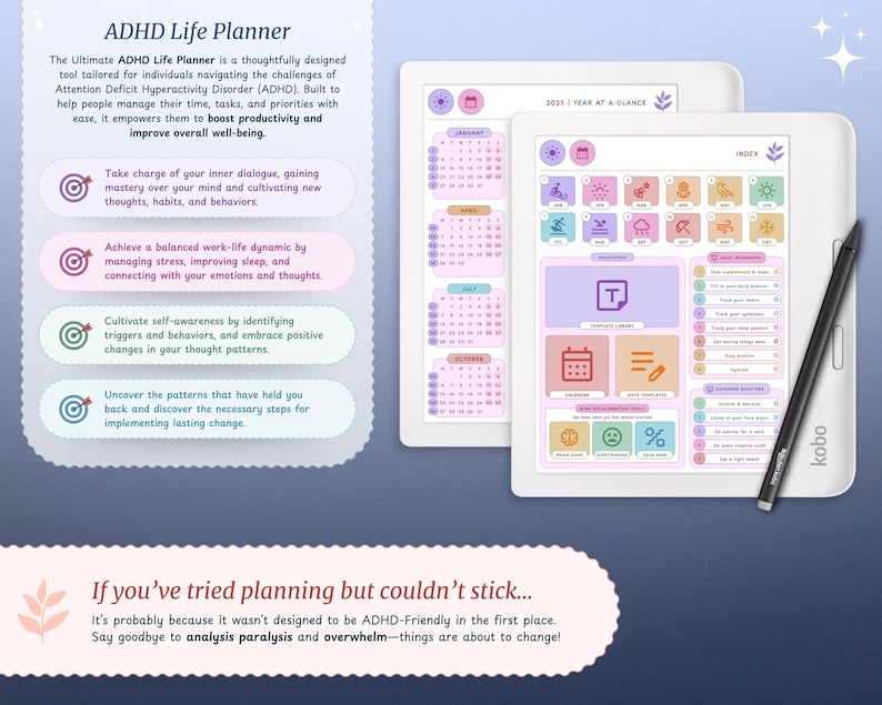 May include: A pink and blue planner with the text "ADHD Life Planner" and "2021 Year at a Glance". The planner is designed to help people manage their time, tasks, and priorities. The planner is open to a page with a calendar and a page with a list of tasks.