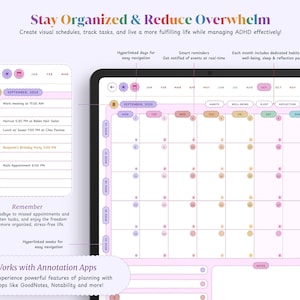 May include: A digital planner app interface with a pink and purple color scheme. The app features a calendar view with hyperlinked days for easy navigation, smart reminders, and dedicated habit trackers. The text "Stay Organized & Reduce Overwhelm" is at the top of the image.