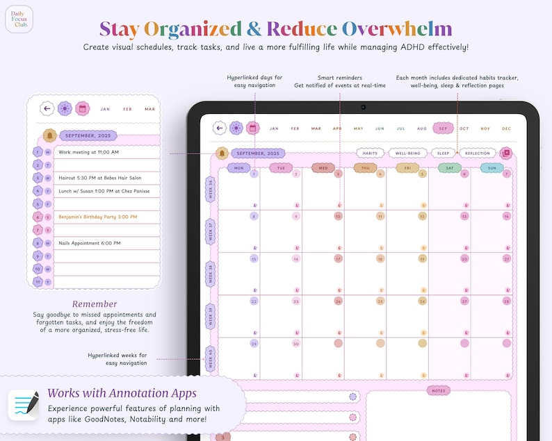 May include: A digital planner app interface with a pink and purple color scheme. The app features a calendar view with hyperlinked days for easy navigation, smart reminders, and dedicated habit trackers. The text "Stay Organized & Reduce Overwhelm" is at the top of the image.