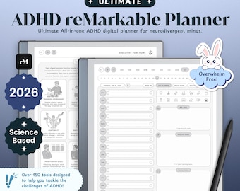 ADHD Digital Planner 2026 for reMarkable Tablet | eInk Notebook Templates, Calendar & Productivity Planner