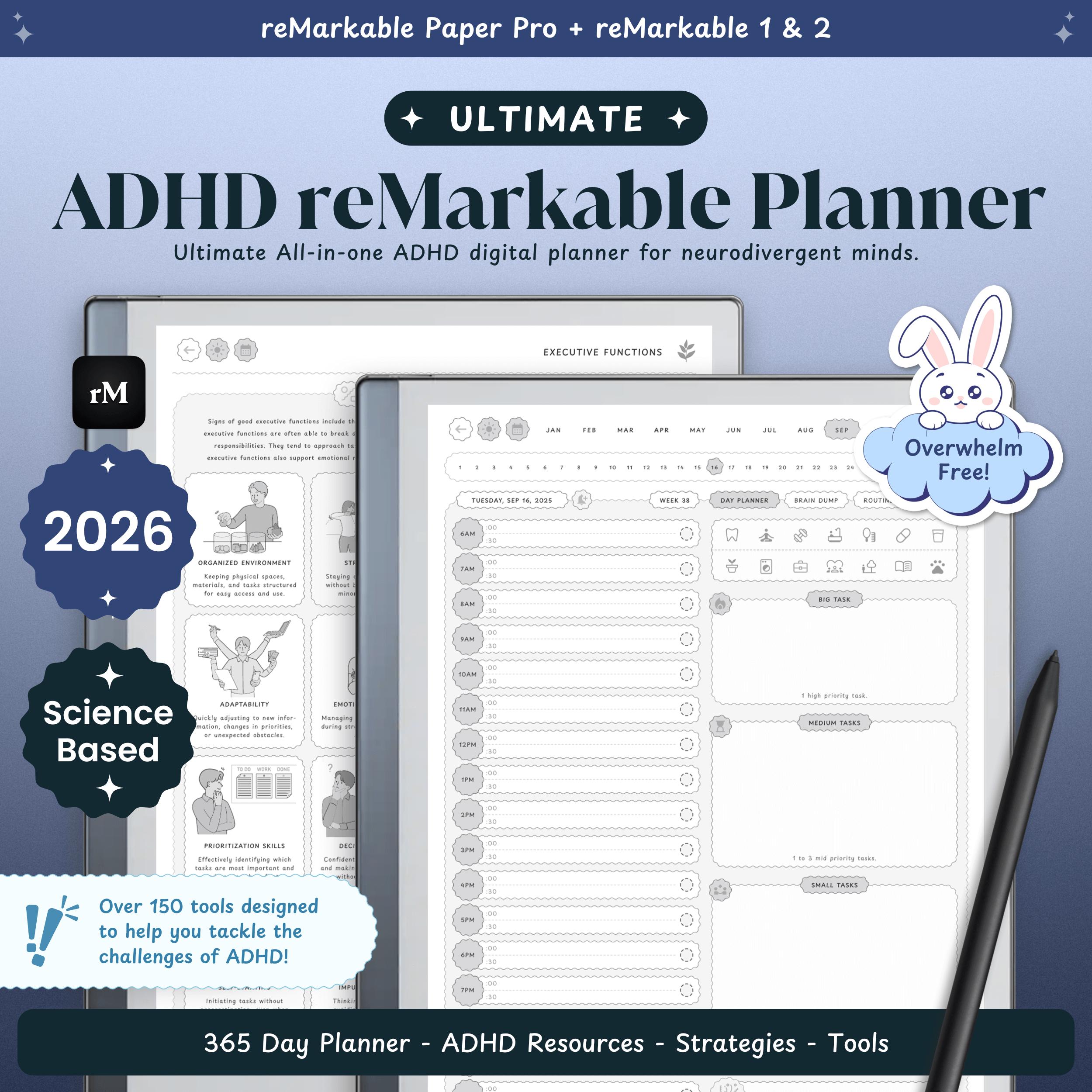 ADHD Digital Planner 2026 for Remarkable Tablet | Eink Notebook ...