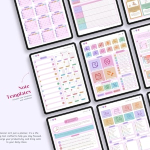 May include: A digital planner with colorful note templates and a quote that reads "Our planner isn't just a planner, it's a life-changing tool crafted to help you stay focused, supercharge your productivity, and bring calm to your daily chaos."