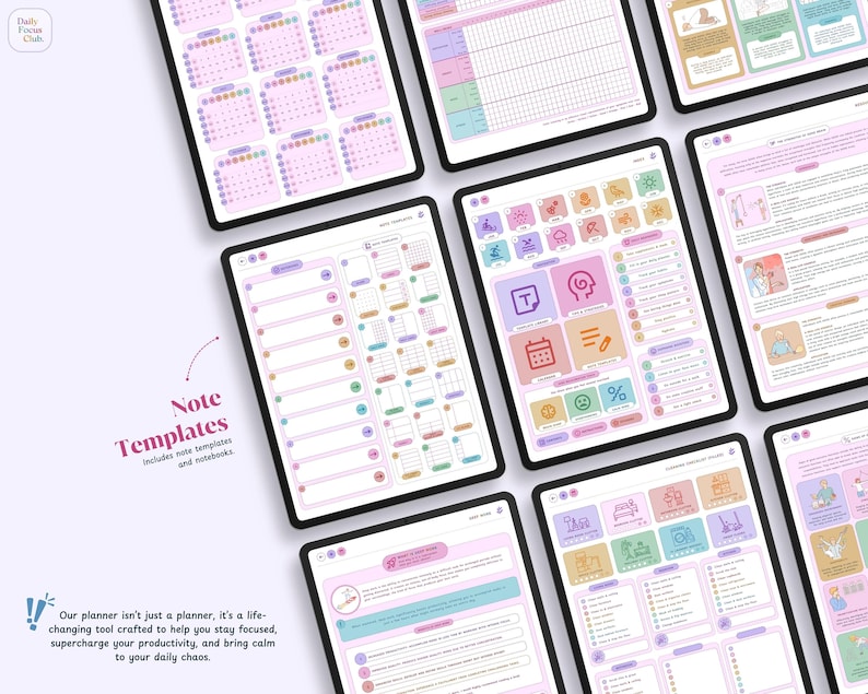 May include: A digital planner with colorful note templates and a quote that reads "Our planner isn't just a planner, it's a life-changing tool crafted to help you stay focused, supercharge your productivity, and bring calm to your daily chaos."