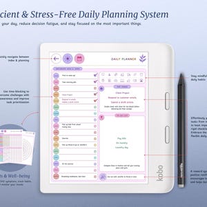 May include: A white e-reader with a purple and pink daily planner displayed on the screen. The e-reader is on a white surface with a black stylus next to it. The planner includes sections for daily tasks, habits, and well-being. The text on the screen reads "Efficient & Stress-Free Daily Planning System".