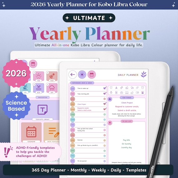 ADHD Kobo Libra Colour Planner for 2026 | Kobo Libra Colour Template | Kobo Libra Colour Daily, Weekly, Monthly, Journal, Calendar