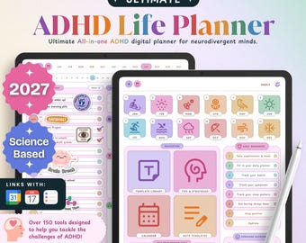 Może przedstawiać: Cyfrowy planer na rok 2027 na iPady i tablety z systemem Android pod tytułem Ultimate ADHD Life Planner. Interfejs zawiera kolorowe ikony miesięczne, codzienne przypomnienia oraz zakładki nawigacyjne do szablonów.