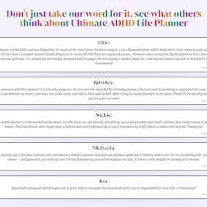 May include: A collection of positive reviews for a digital planner designed to help people with ADHD. The reviews highlight the planner's organization, ease of use, and helpful tips for managing ADHD.