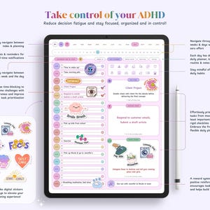 May include: A digital planner app on a tablet screen with a pink and purple color scheme. The app features a daily planner, brain dump, and notes pages. The app also includes digital stickers to enhance the planning experience. The text on the screen reads "Take control of your ADHD".