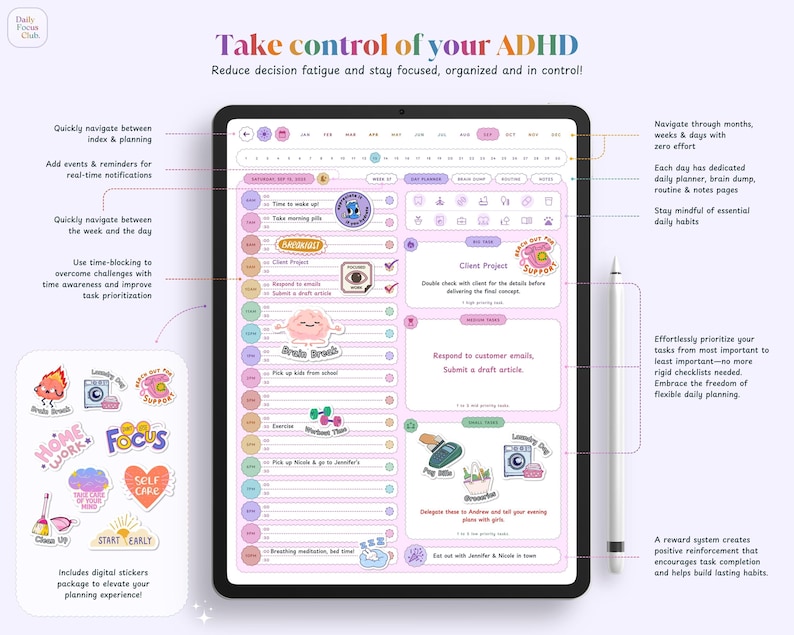May include: A digital planner app on a tablet screen with a pink and purple color scheme. The app features a daily planner, brain dump, and notes pages. The app also includes digital stickers to enhance the planning experience. The text on the screen reads "Take control of your ADHD".