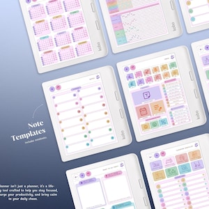 May include: A set of digital planner templates for a Kobo e-reader. The templates include a calendar, a habit tracker, a note-taking page, and a to-do list. The templates are designed in a pastel colour scheme with pink, blue, and yellow accents.