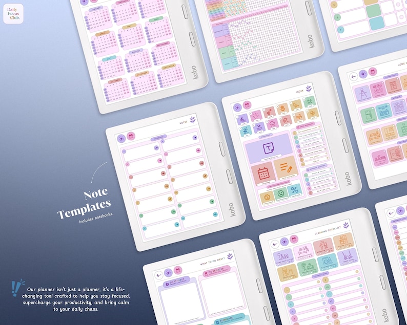 May include: A set of digital planner templates for a Kobo e-reader. The templates include a calendar, a habit tracker, a note-taking page, and a to-do list. The templates are designed in a pastel colour scheme with pink, blue, and yellow accents.