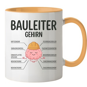 Könnte beinhalten: Ein weißer Keramikbecher mit orangefarbenem Innenraum und Henkel. Die Vorderseite zeigt den Text "BAULEITER GEHIRN" über einer Grafik eines rosa Gehirns mit gelbem Bauhelm, das meditiert, mit Linien zu Beschriftungen wie "KAFFEERADAR" und "SARKASMUSMODUL".