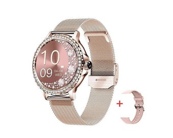 Smartwatch Damen, rundes Zifferblatt mit eleganten Kristallen + gratis Armband, Geschenk für Mädchen, Freundin, Ehefrau, Armbanduhr, Modeaccessoires