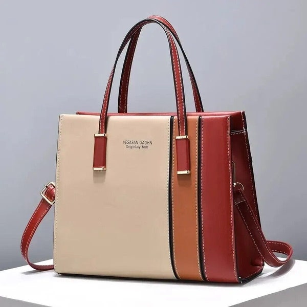 Women's PU Patchwork Bags Adjustable Shoulder Top Handle Bag Large Capacity Handbags Fashion Gift Girl Wife Girlfriend