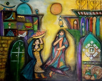 Original hand-painted acrylic artwork inspired by Iraqi heritage, traditional clothing, architecture, and cultural traditions. Each piece is
