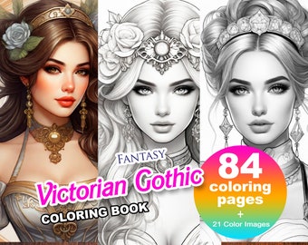 Fantasy Victorian Steampunk Gothic Anime Coloring Book, Adults + kids Instant Download - Grayscale Coloring Page Gift, Printable Art PDF