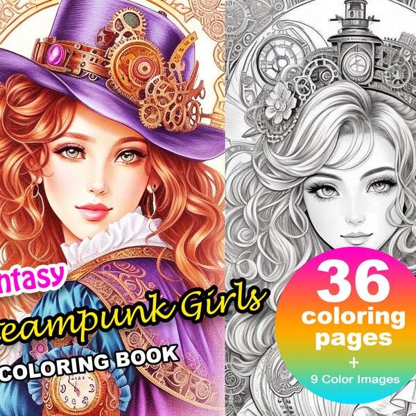 Fantasy Steampunk Girls Anime Coloring Book 2, Adults + kids Instant Download - Grayscale Coloring Page Gift, Printable Art PDF