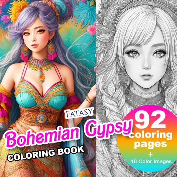 Fantastic Bohemian Gypsy Anime Coloring Book, Adults + kids Instant Download - Grayscale Coloring Page Gift, Printable Art PDF