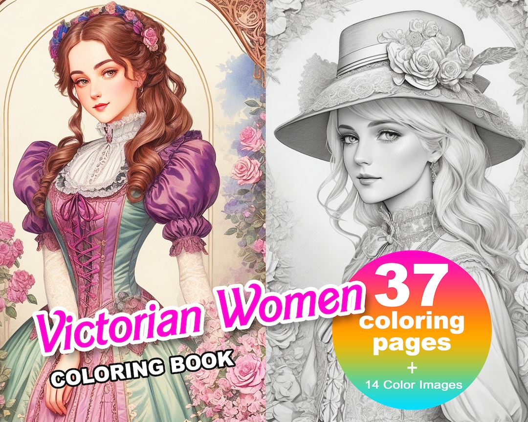 Beautiful Victorian Women Coloring Pages Book, Anime Style Printable ...