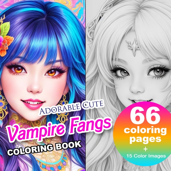 Adorable Cute Vampire Fangs Anime Coloring Book, Adults + kids Instant Download - Grayscale Coloring Page Gift, Printable Art PDF