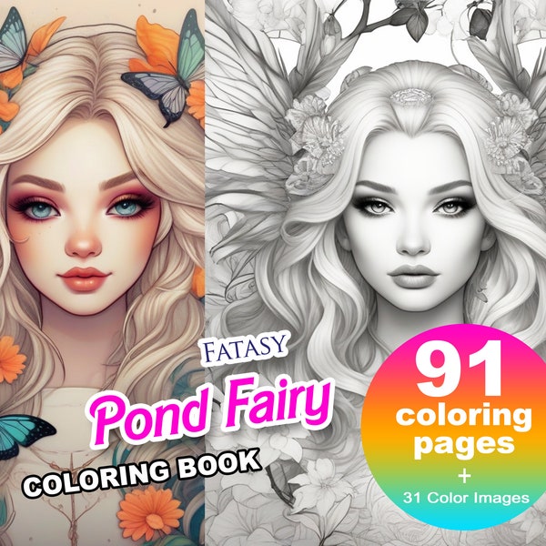 Fantasy Pond, Koi, Butterfly Fairy Anime Coloring Book, Adults + kids Instant Download - Grayscale Coloring Page Gift, Printable Art PDF