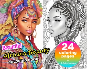 Beautiful African Beauty Coloring Book 2, Adults + kids Instant Download - Grayscale Coloring Page Gift, Printable Art PDF