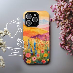 iPhone 15 Pro Case Mountain Floral Motif with Floral Landscape Pretty MagSafe Nature Aesthetic Phone Cover for All iPhone Models Gift Idea