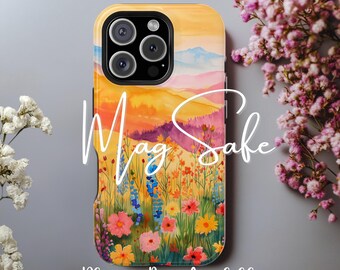 Floral Mountain iPhone Case, Watercolor Landscape, MagSafe