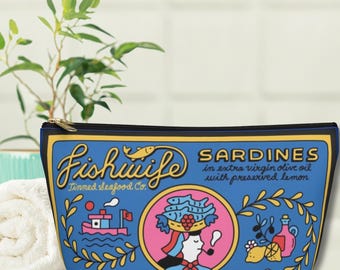 Fishwife Sardines Cosmetic Bag, Retro Tinned Fish Accessory Clutch, Zipper Pouch