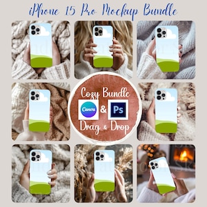 iPhone 15 Pro Case Mockup Bundle Canva Drag & Drop PSD Bundle Set of 8 Cozy Inspired Motif for Printify Tough Case Instant Digital Download