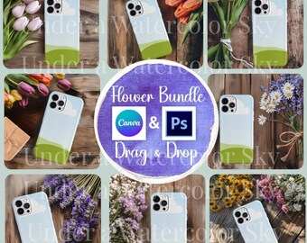 iPhone 15 Pro Case Mockup PSD and Canva Drag and Drop Mockup Bundle for Tough Case iPhone Case Spring Phone Mockups Flower Bundle 8 Pack