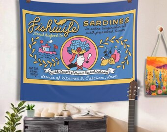 Whimsical Sardine Tapestry: Colorful Dorm Room Wall Art - Free Customization
