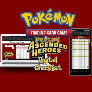 Puede incluir: Fondo rojo con el logo de Pokémon y el texto "Trading Card Game". Un portátil y un smartphone muestran una lista de verificación digital para las cartas "Ascended Heroes". La pantalla del portátil muestra una página de resumen.