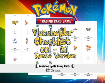 Cartes génériques 1 à 151 du JCC Pokémon Kanto Dex | Cartes Pokédex Sprite du jeu | Prénoms anglais | Ensemble complet de procurations Pokédex de Kanto Living